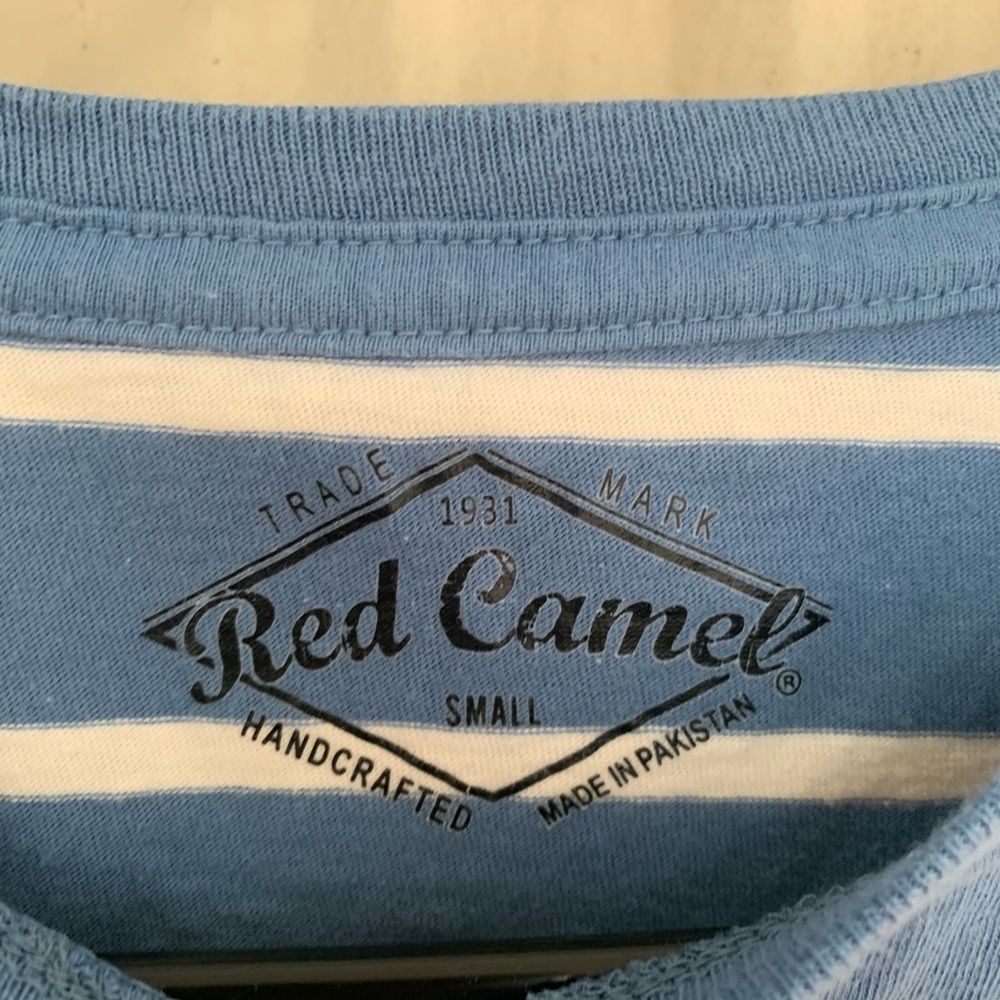 Blue and White Striped Red Camel Shirt with Pocket